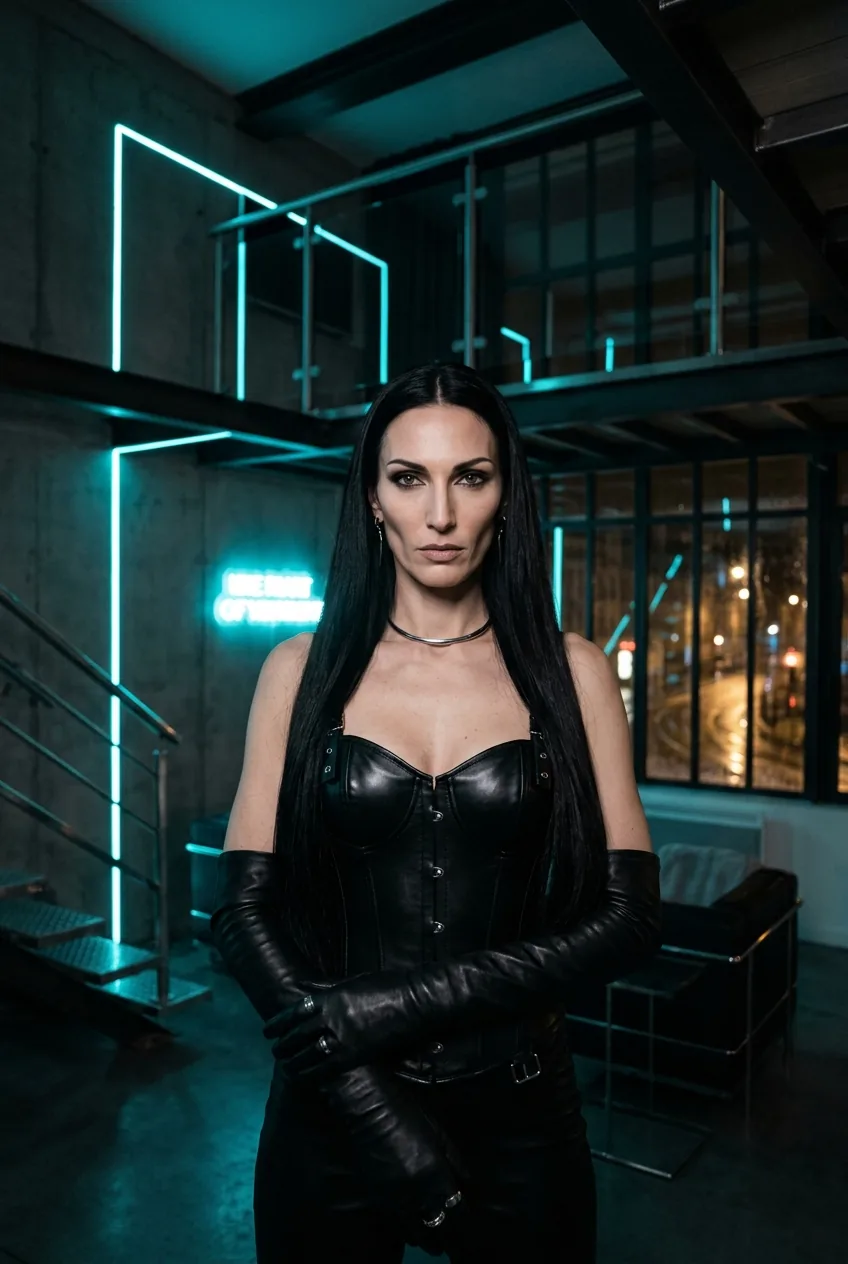 Maîtresse Iris, dominatrice professionnelle 38 ans Bordeaux — portrait Latex & Cyan, cuir noir, regard glacial