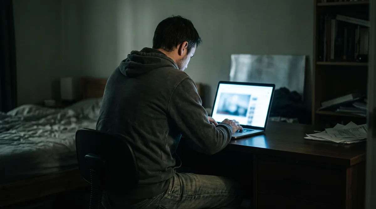 Homme seul face à un écran dans la pénombre — addiction au porno